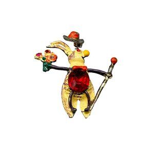 Vintage Trembler Pin Brooch Magician Bunny with Trembling Hat Flowers and Cane